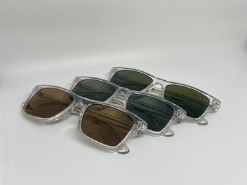 1.67 Polarized High Index Lenses | Shown in Brown, Gray and Green G15 in clear frame on white backdrop